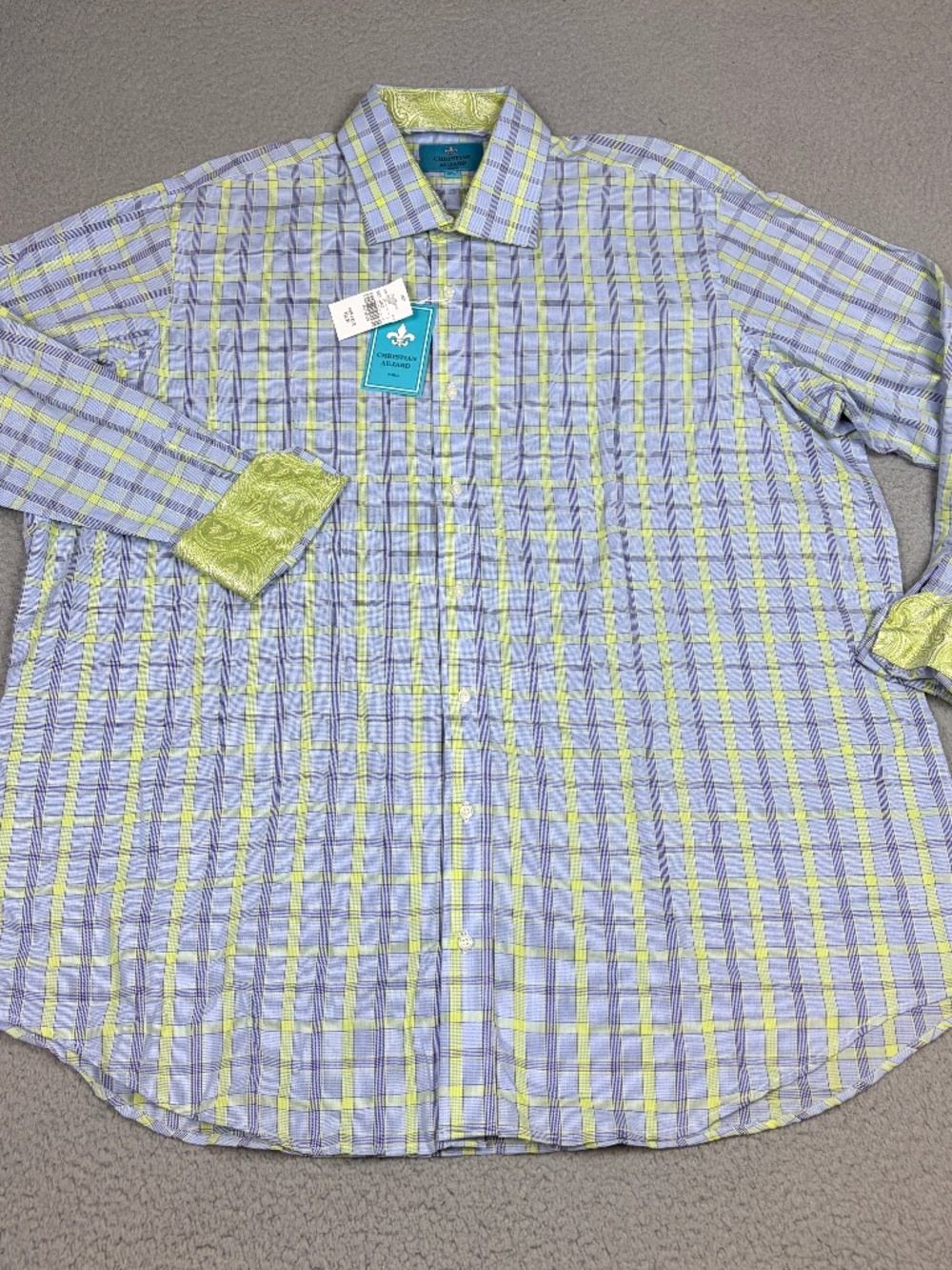 Christian Aujard Shirt Mens 2XLT Blue Green Plaid Long Sleeve Flip Cuff Party